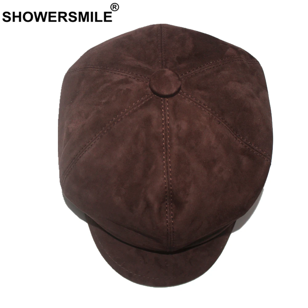 SHOWERSMILE Black Genuine Suede Leather Newsboy Cap Ladies Beret Autumn Winter Hats for Women British style Female Painter Hat