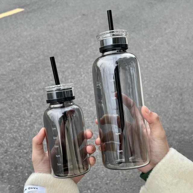 300/500/750ml Large Glass Water Bottle with Straw 2 Lids Clear Kawaii Drinking Bottle Leakproof Iced Coffee Cup for Woman Girl 4