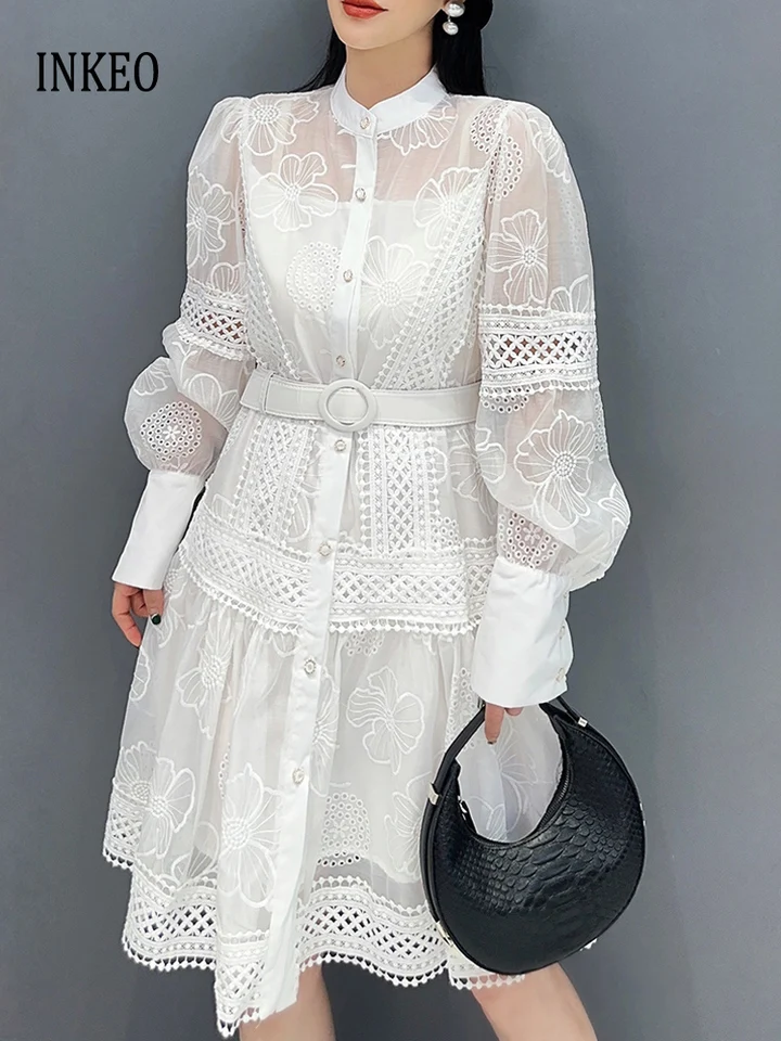 Luxury Women Lace Shirt dress White Black 2025 New Vintage