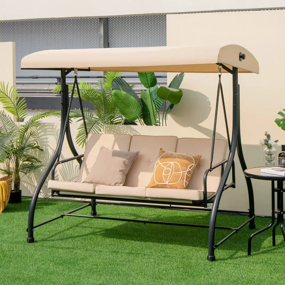 

2024 New 3 Person Porch Swing, 2-in-1 Convertible Patio Swing Bed with Removable Cushions, Solid Steel Structure