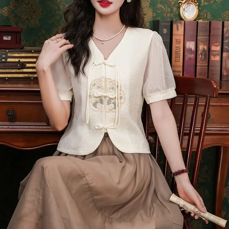 Summer Chinese Style Embroidered Blouses Spliced Gauze Short Sleeve Fashion Solid Color V-neck Tassel Button Women's Shirts