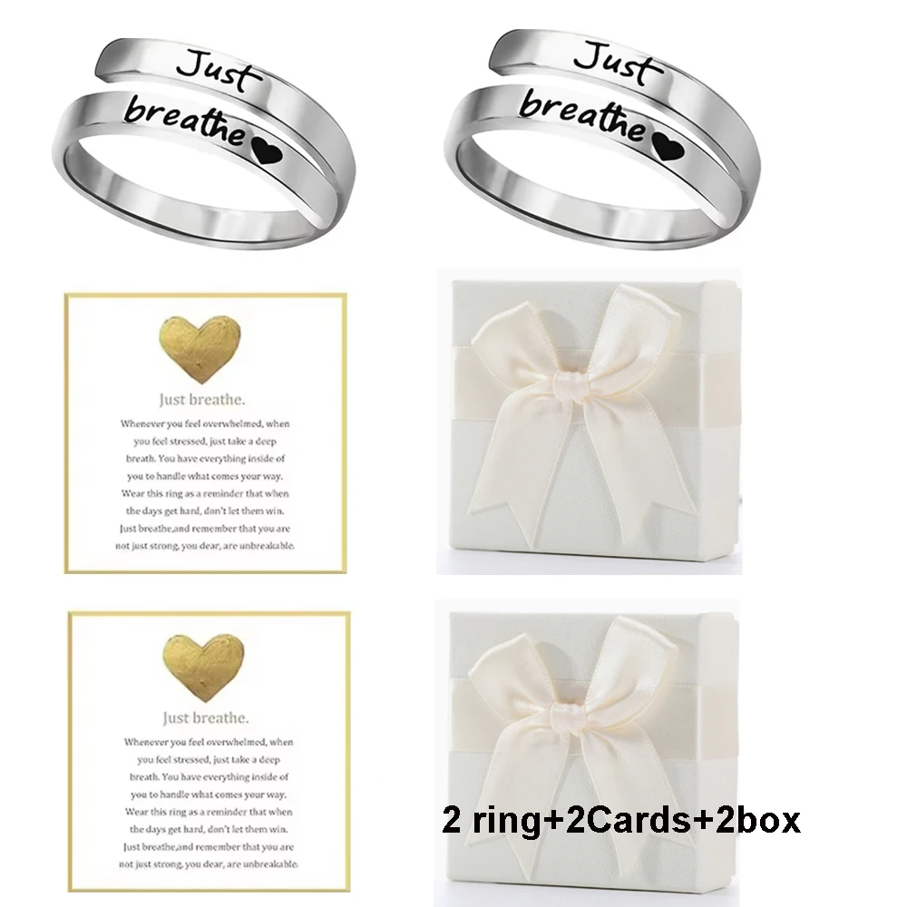 Inspirational Just Breathe Stainless Steel Spiral Wrap Healing Ring with Message Card Gift Box
