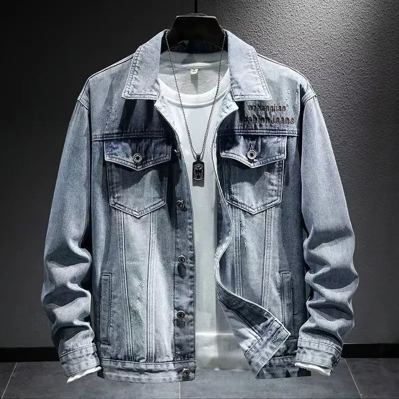 

Denim Jackets Man with Hole Jeans Coat for Men Ripped Embroidery Cargo Blue Winter Outerwear Cheap Price Stylish Menswear G Y2k