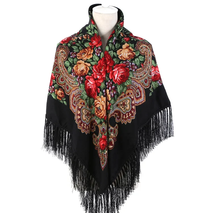 

Russian Cloak Large Flower Printed Generous Scarf Women's Shawl Warm Autumn Winter multi-function Scarf Ponchos Capes Black