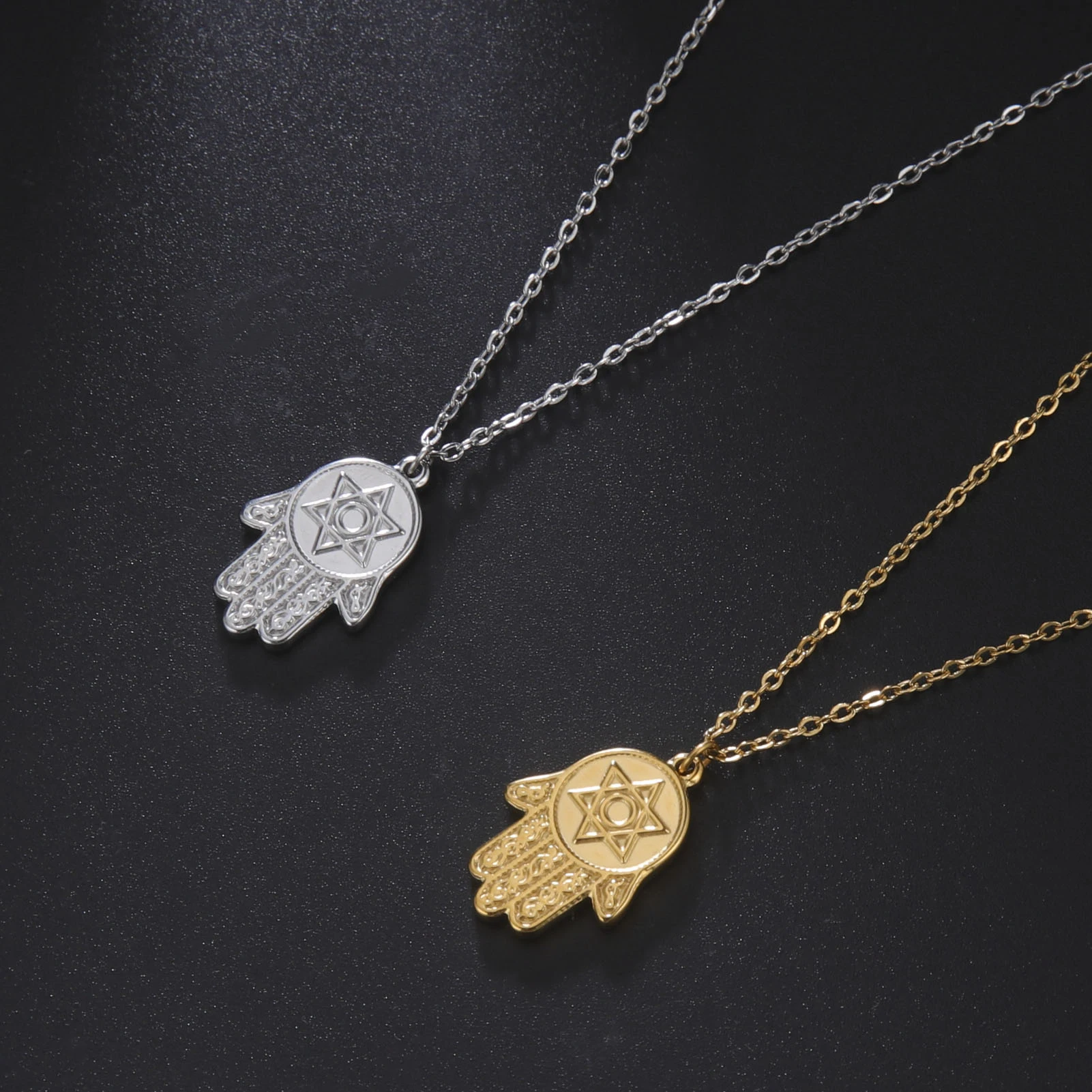 Skyrim hamsa mão estrela de david pingente colar feminino aço inoxidável  cor ouro amuleto pescoço corrente gargantilha israel jóias judaicas -  AliExpress, image size:1601x1601