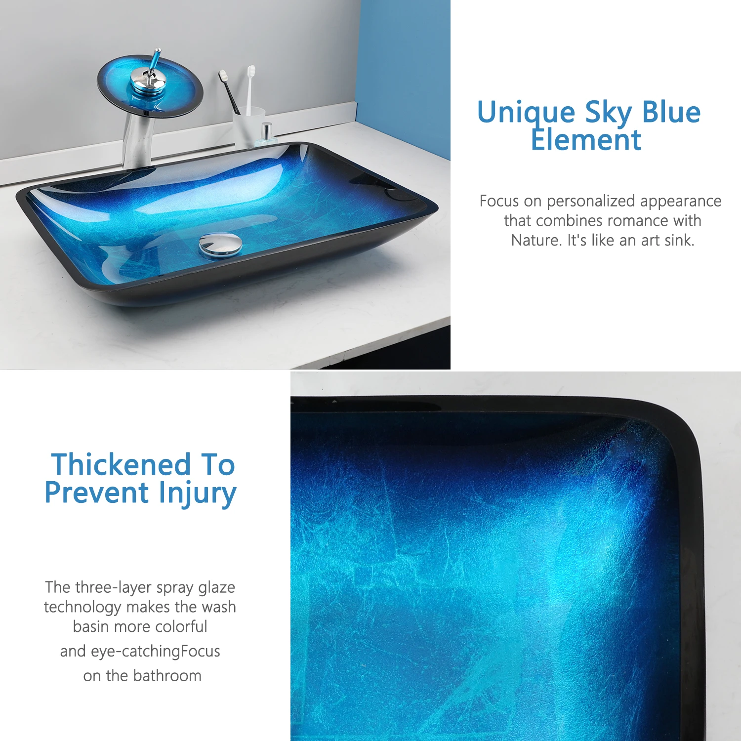 KEMAIDI Big Tempered Glass Basin Sink Washbasin Bathroom Vessel Sinks Counter Top Bowl Washroom Vessel Vanity Sink Faucet Set 4