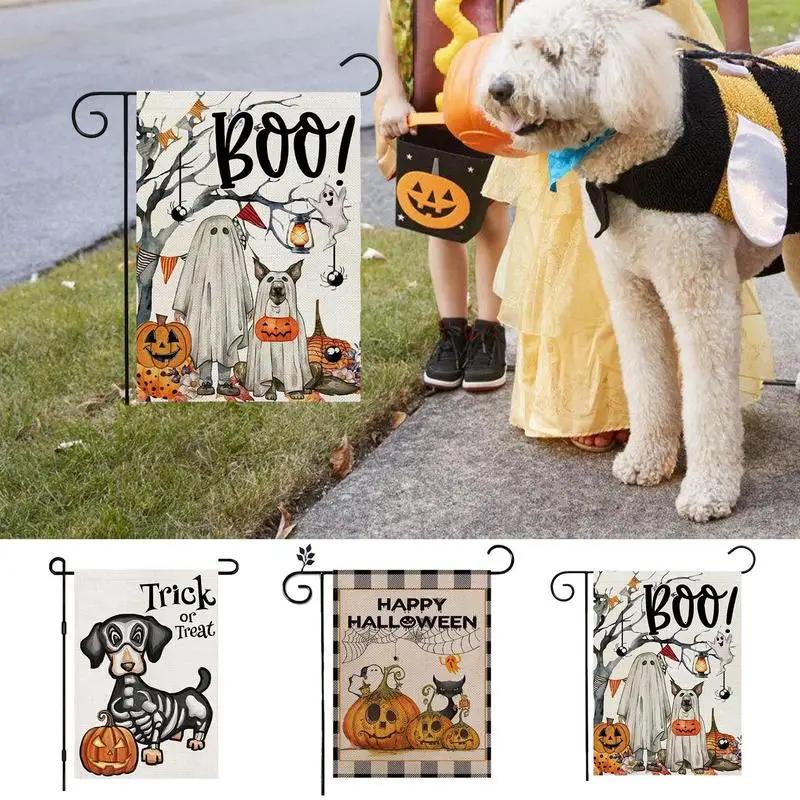 Halloween Dolcetto O Scherzetto Bandiera Da Giardino Ghost Dog 12X18 Pollici Piccola Tela Bifacciale Welcome Yard Bassotto Scheletro Decorazione Ester