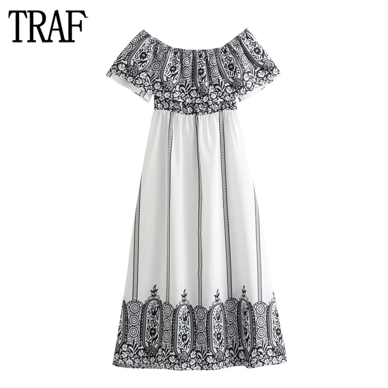 

TRAF Off Shoulder Midi Dress Women Print Pleated Long Dresses for Woman Short Sleeve Boho Female Dress Evening Womens Dresses