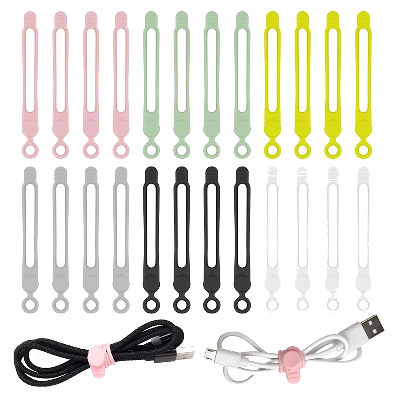 

24 Pack Reusable Cable Ties 4.2 Inches Adjustable Silicone Cable Straps Cord Wrap And Hook Loop