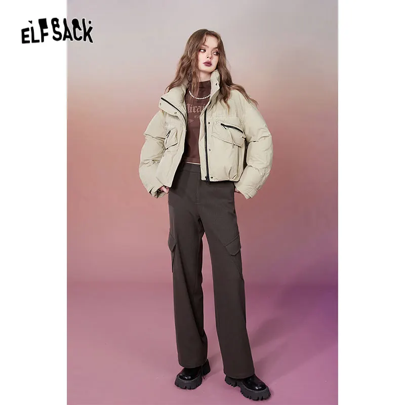 ELFSACK Korean Fashion White Down Coats Women 2023 Winter New Short Designed Jackets