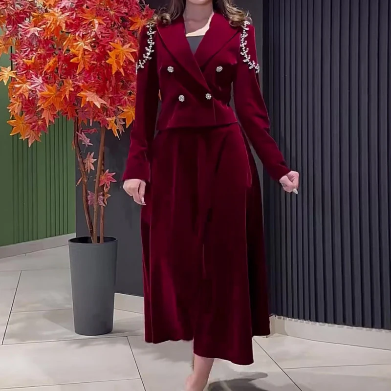

Women's Fashion Party Suits Casual V-neck Double Breasted Blazer Coat + Pleated Skirt Outfit Elegant Diamond Velvet 2 Piece Sets