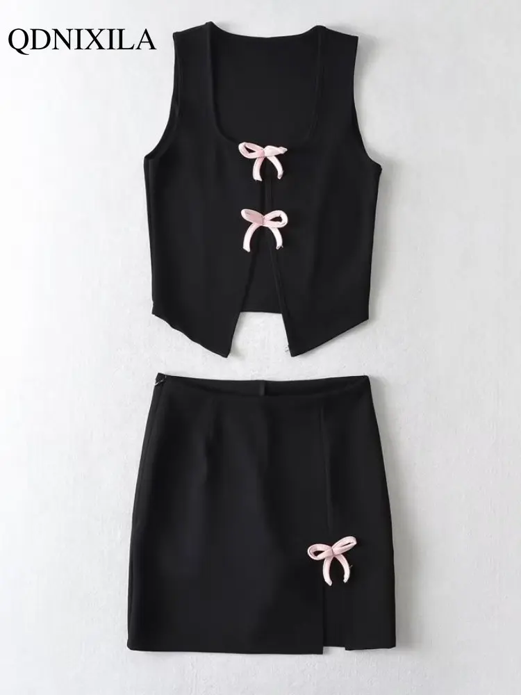 

Summer Outfits for Women 2023 Sexy Hot Girl Short Skirt Set Korean Pink Bow Short Vest Hight Waist Slit Women's Skirt Set2Pieces