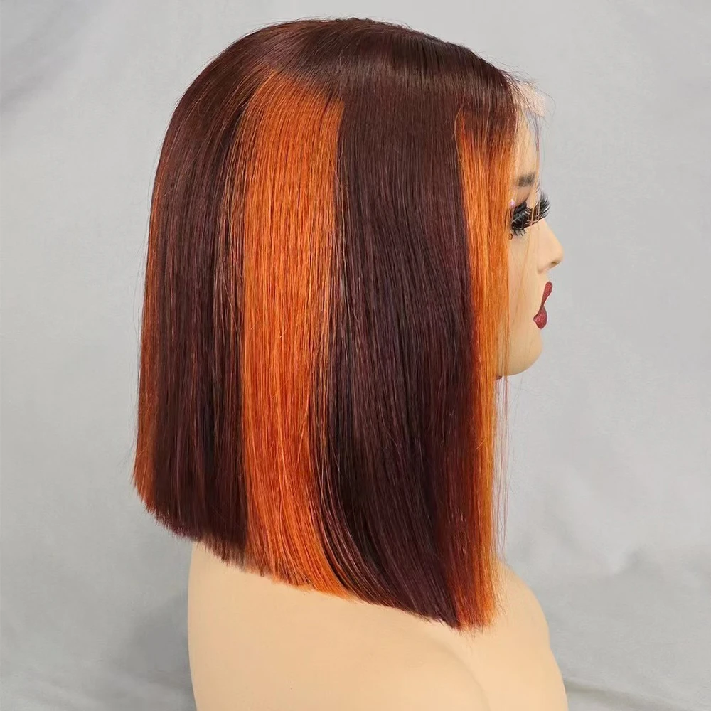 Glueless Double Drawn 12A 350% Density Bone Straight Bob Human Hair Wig Highlight Ombre Hair 2x6 HD Lace Closure Frontal Wigs