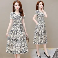 Ice Silk Floral V-Ne ort Sve Midi Dr Women's Summer New Sle Slimming Casual Dr A-Line Skirt mid Waist