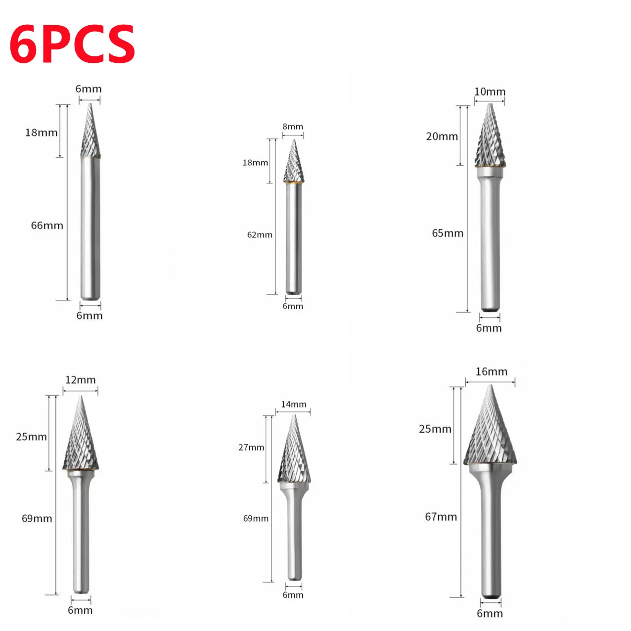 

MX Rotary Burrs 6pcs Shank 6mm Diameter Tungsten Carbide Rotary File Point Burr Milling Cutters Hand Tools