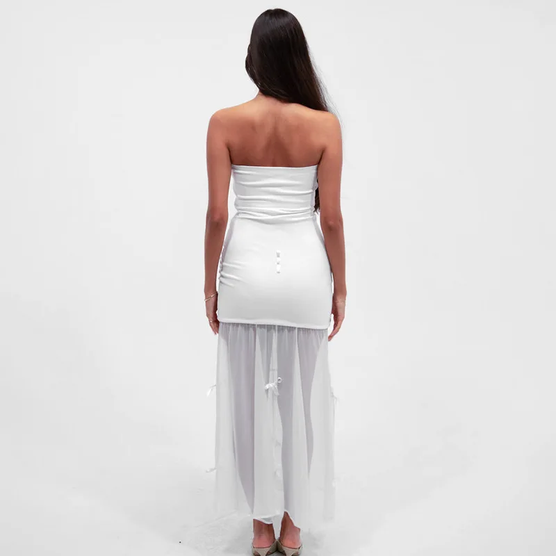 Tee Bow Mesh Patchwork Long Dress Women's Bandage See-Through Beach Holiday Party Dress Elegant Slim Maxi Dress Summer New