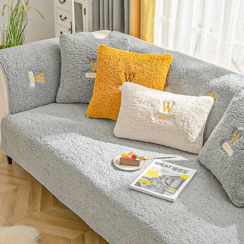 1pc Solid Color Embroidery Plush Thickened Sofa Seat Cushion Cover For  Autumn And Winter, Simple Modern High-end, Warm And Comfortable Sofa Cover,  Living Room Decoration