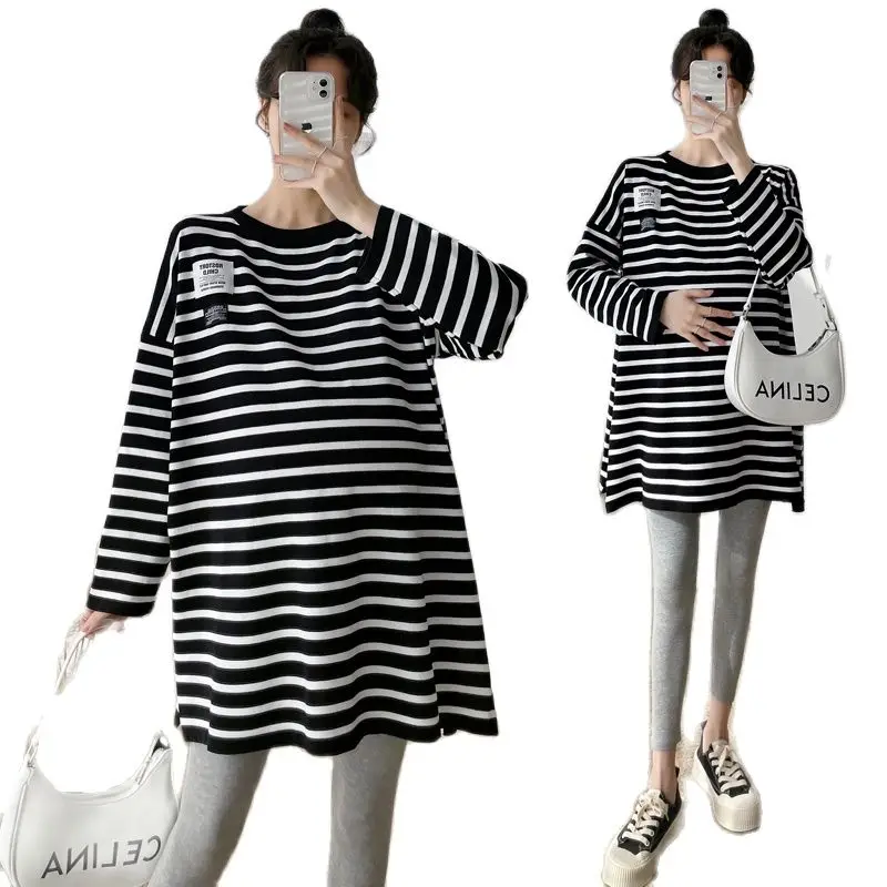 Spring Autumn Long Sleeve Stripe Knit T-shirt Fashion Pregnant Women's Sweater Black White Stripes Plus Size Maternity Clothes