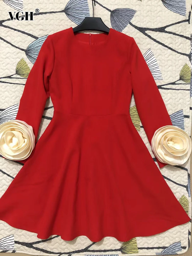 

VGH Patchwork Appliques Hit Color Elegant Dresses For Women Round Neck Long Sleeve High Waist Minimalist Dress Female Fashion