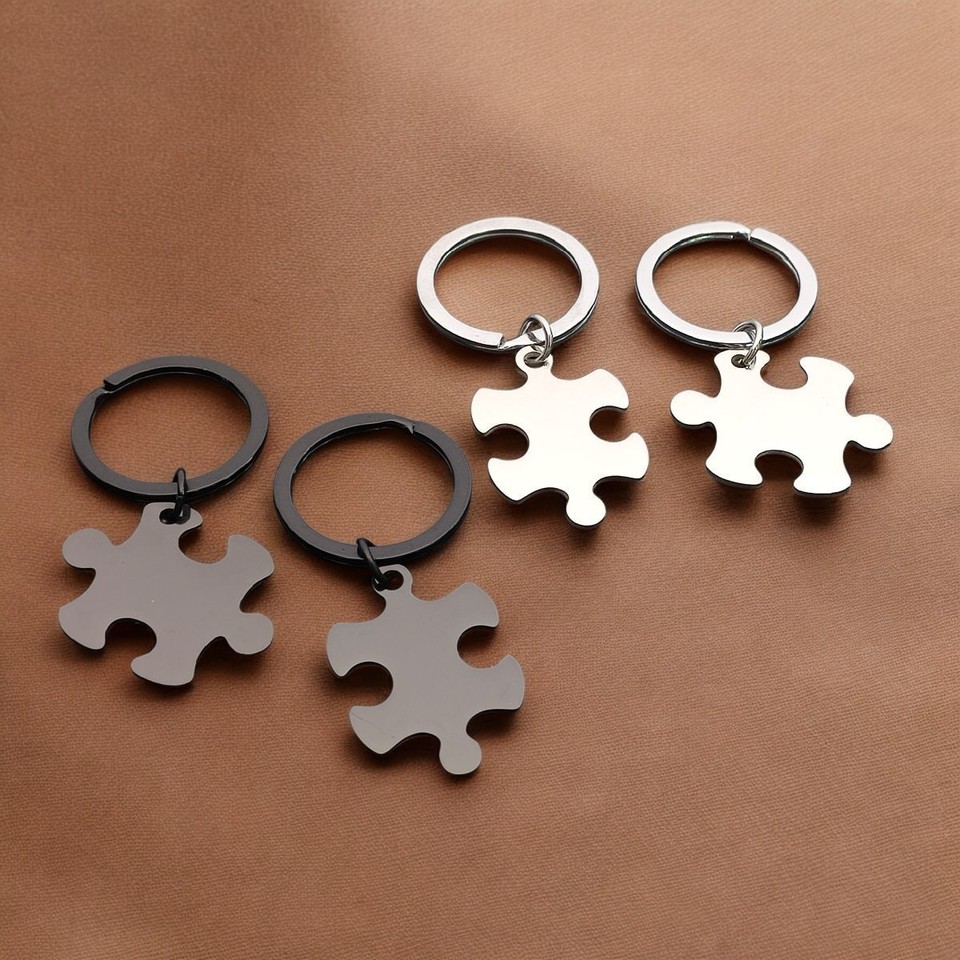 2pcs Stainless Steel Puzzle Keychain Metal Couples Letters Engraved Keyring For Women Men Valentine's Day Wedding Jewelry Gift
