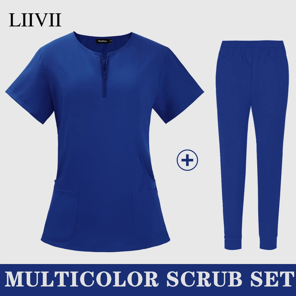 Wholesale Solid Color Scrub Suits Pet Hospital Uniform Set Scrub Suits Surgical Gown Pocket V-neck Scrubs Set for Women Joggers wholesale fashion scrub suits hospital working medical uniform set solid color unisex surgical gown pocket v neck scrubs set