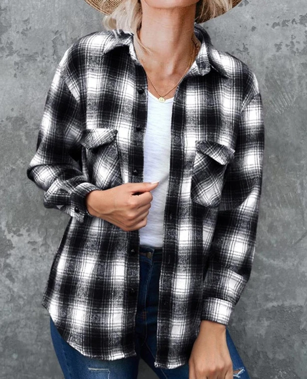 

Women's Outerwear 2023 Autumn New Fashion Casual Loose Lapel Pocket Design Single Breasted Plaid Print Mid Length Cardigan Shirt