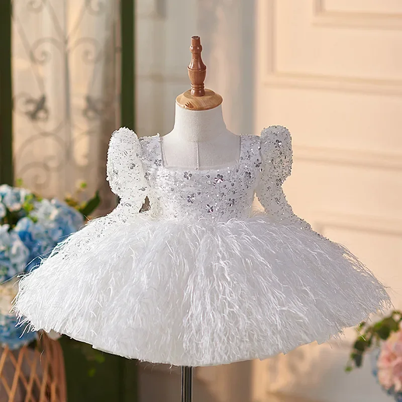 Bridesmaid Dress for Flower Girls Princess Weddings Luxurious Kids Sequin Hostess Costume Matching Children Feather Gown Outfit - 2