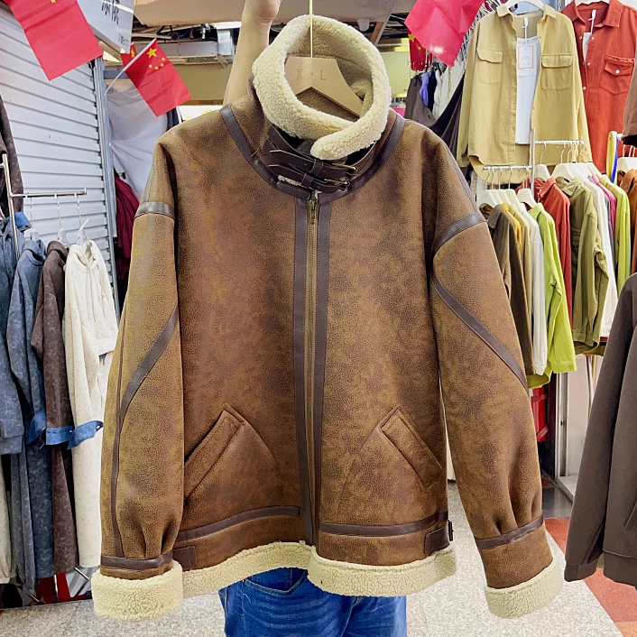 

Stand Neck PU High Street Streetwear Coat Autumn Winter Clothes Women Leather Jacket Zipper Thicken Lambswool Chic Jaquetas Y2k