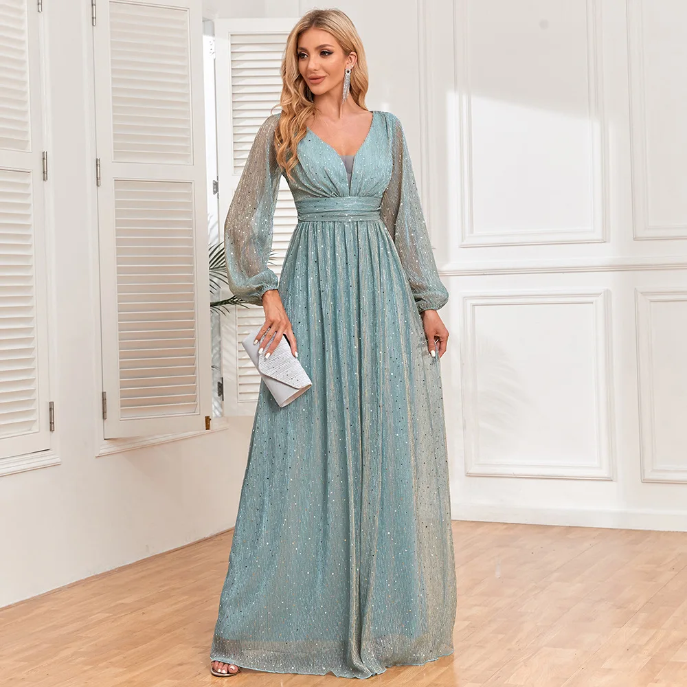 

New women's shiny pleated elastic see-through long-sleeved V-neck A-waist skirt fully lined elegant evening dress vintage dress