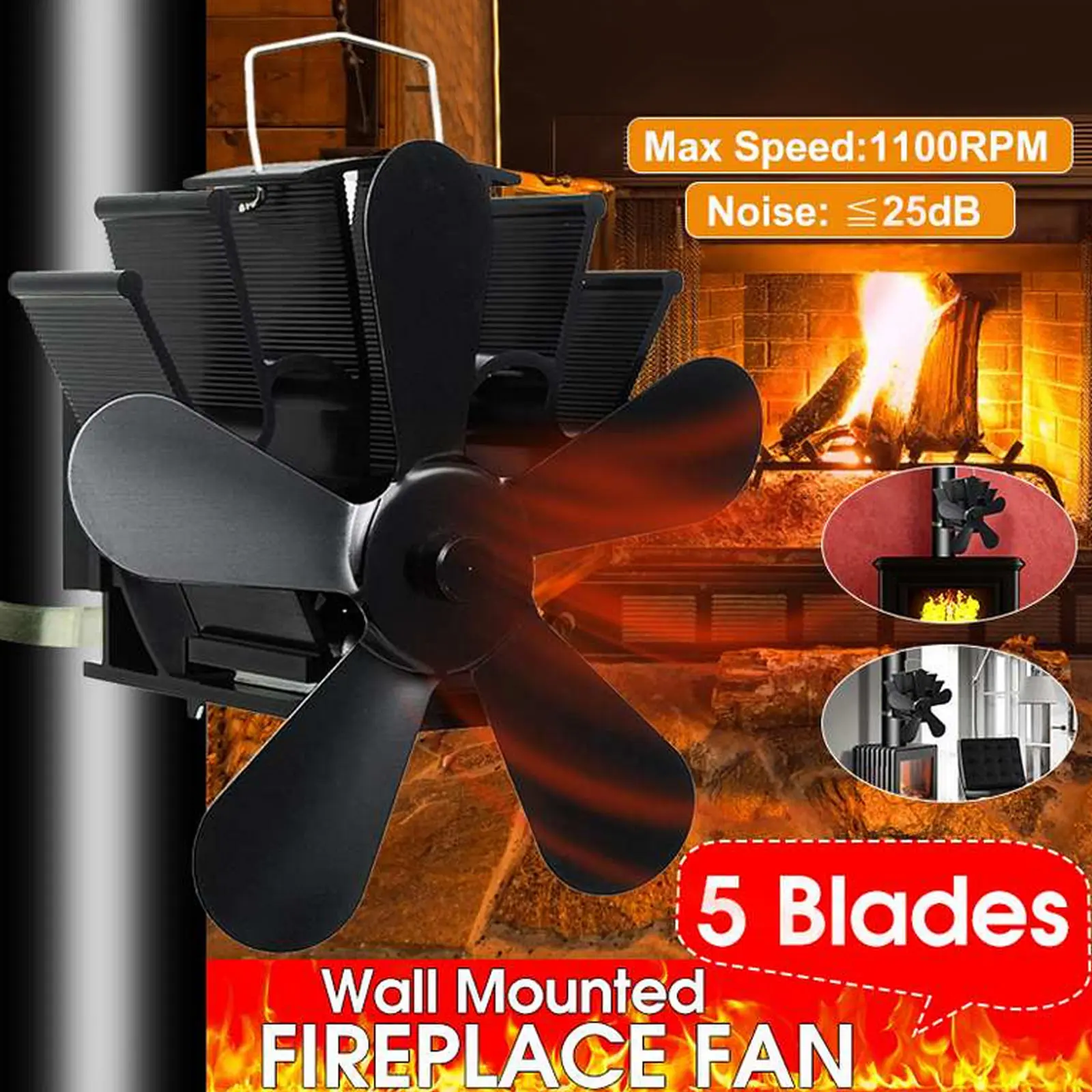 

Flue Pipe Stove Fan Heat Powered 5 Blade Aluminium Silent Fan with Thermometer for Fireplace Wood Log Burner Stoves