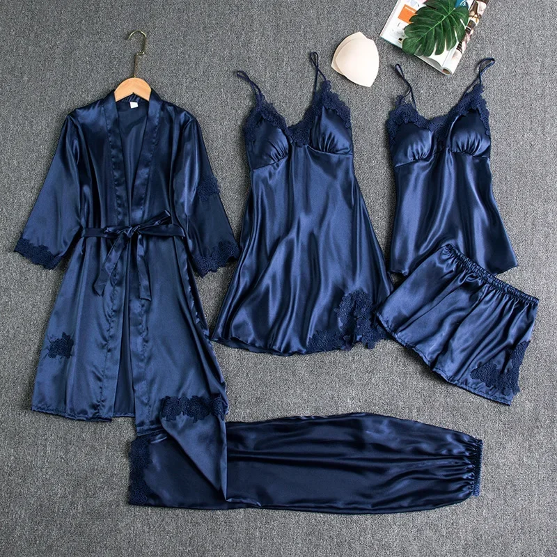 New Hot Women's Pajama Satin Summer Lace Patchwork Sexy Women Nightwear Thin Style Robe Sleep Suit Nightdress with Chest Pads