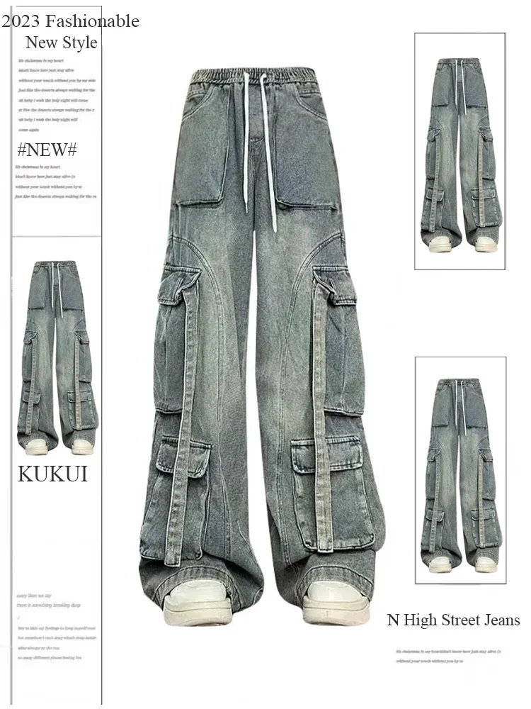 

Women Gothic Blue Cargo Jeans Vintage Y2k Denim Trouser Harajuku 90s Oversize High Waist Cowboy Pants Emo 2000s Trashy Clothes