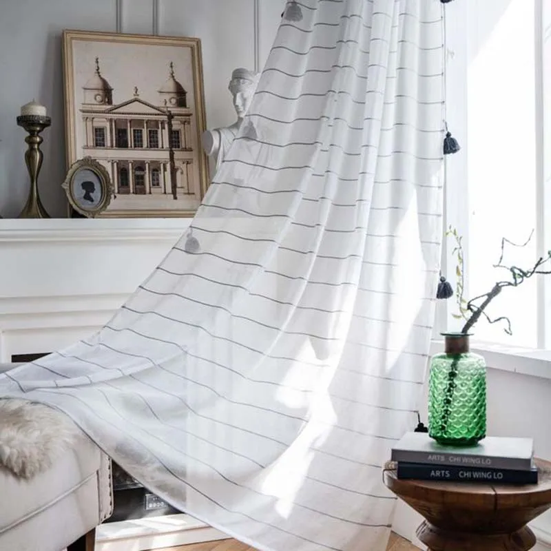 

Handmade Tassel Sheer Curtains Textured Faux Linen Curtain Belgian Light Filter Rod Pocket Drapes for Bedroom Living Room TJ6423