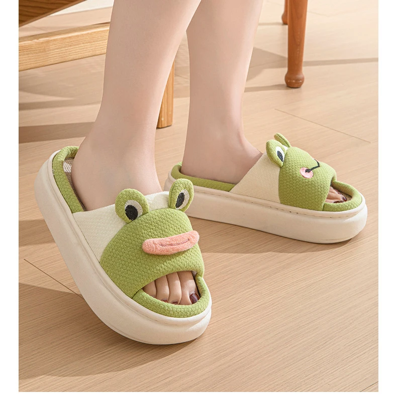 Frog Platform Damen-Hausschuhe, flache Hanf-Cartoon-Designer-Schuhe, niedliche Indoor-Slides für Mädchen, weiche Sohle, offene Zehenpartie, rutschfeste Sohle – Detail 2