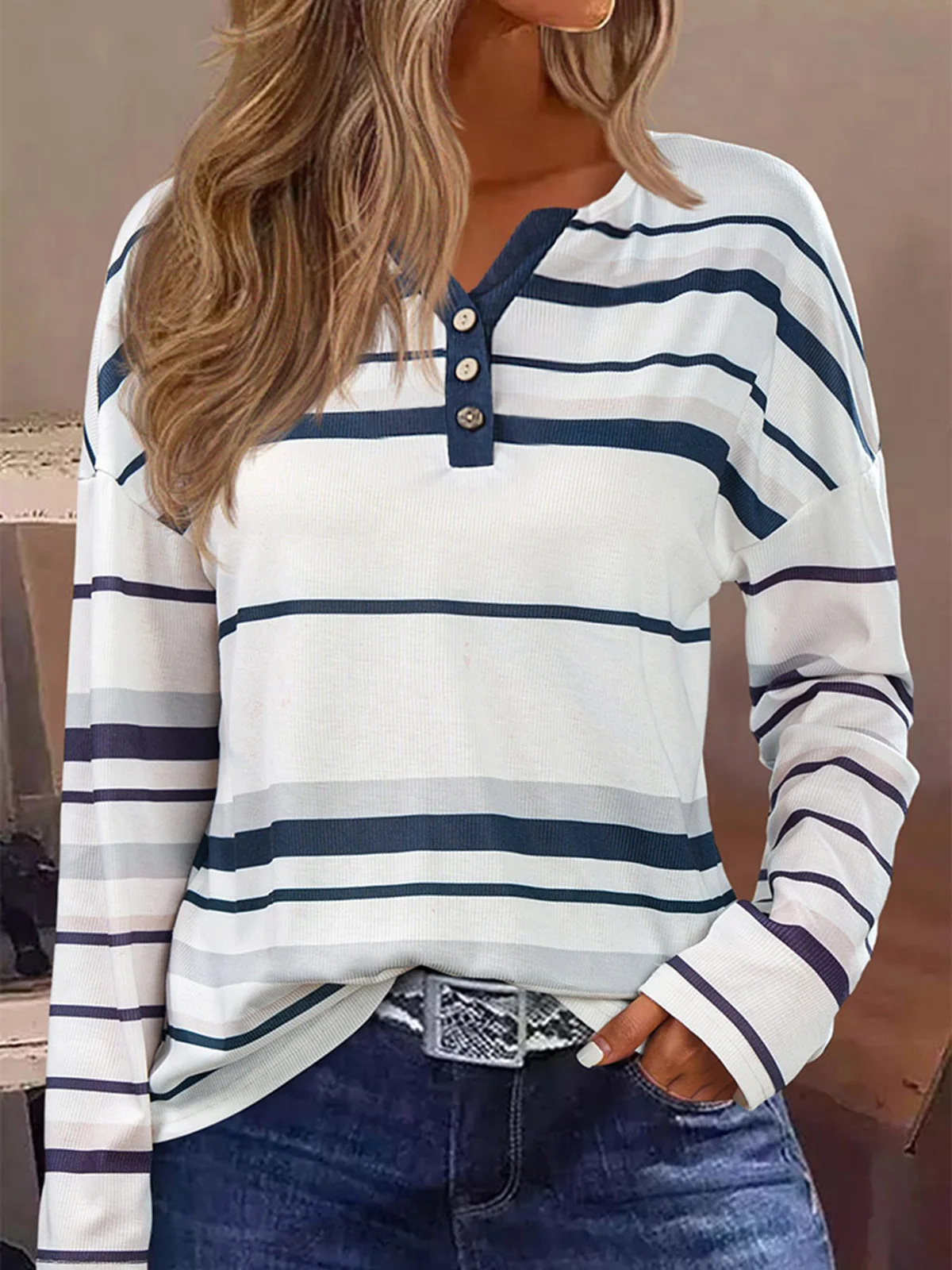 

Striped Ribbed Loose Long Sleeve Autumn Blouse Women Korean Fashion Top Female Vintage Casual V-Neck Elegant Office Lady Blouses
