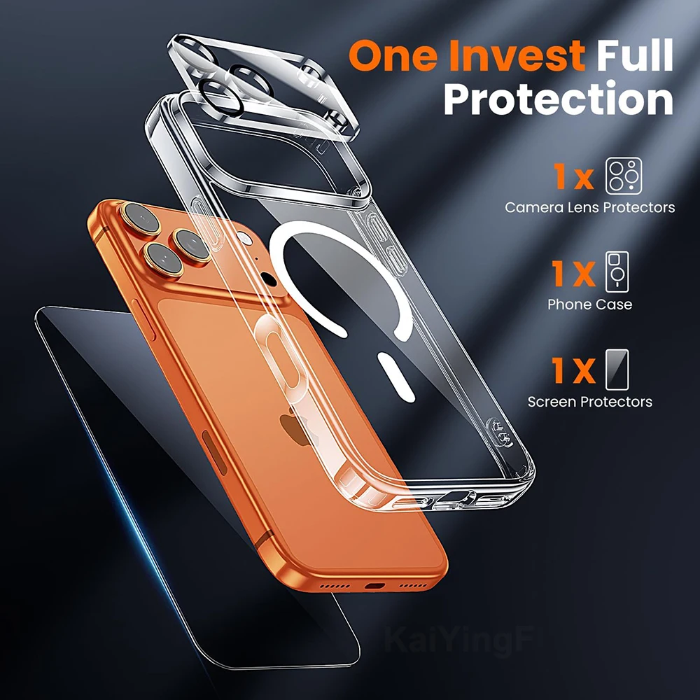 Magnetic Magsafe Phone Case with Screen and Lens Protectors, Wireless Charging Compatible