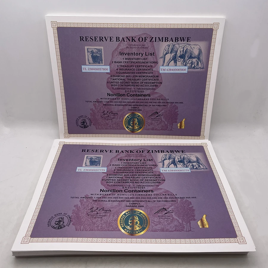 

22x28cm 400pcs/lot Big Zimbabwe Nonillon Containers Certificates in luxurious Red Box for Business Gift