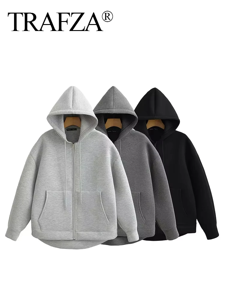 HH Autumn Women Casual Loose Oversize Sweatshirts Hooded Zipper Hoodie Jacket Coat Solid Fashion Women's Cardigan Top
