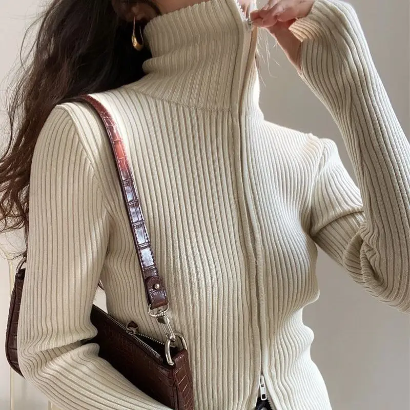 

Vintage Knit Cardigan Women Double Zipper Knitted Sweater Long Sleeve Coat Korean Chic Y2k Top Cropped Jacket Streetwear Black
