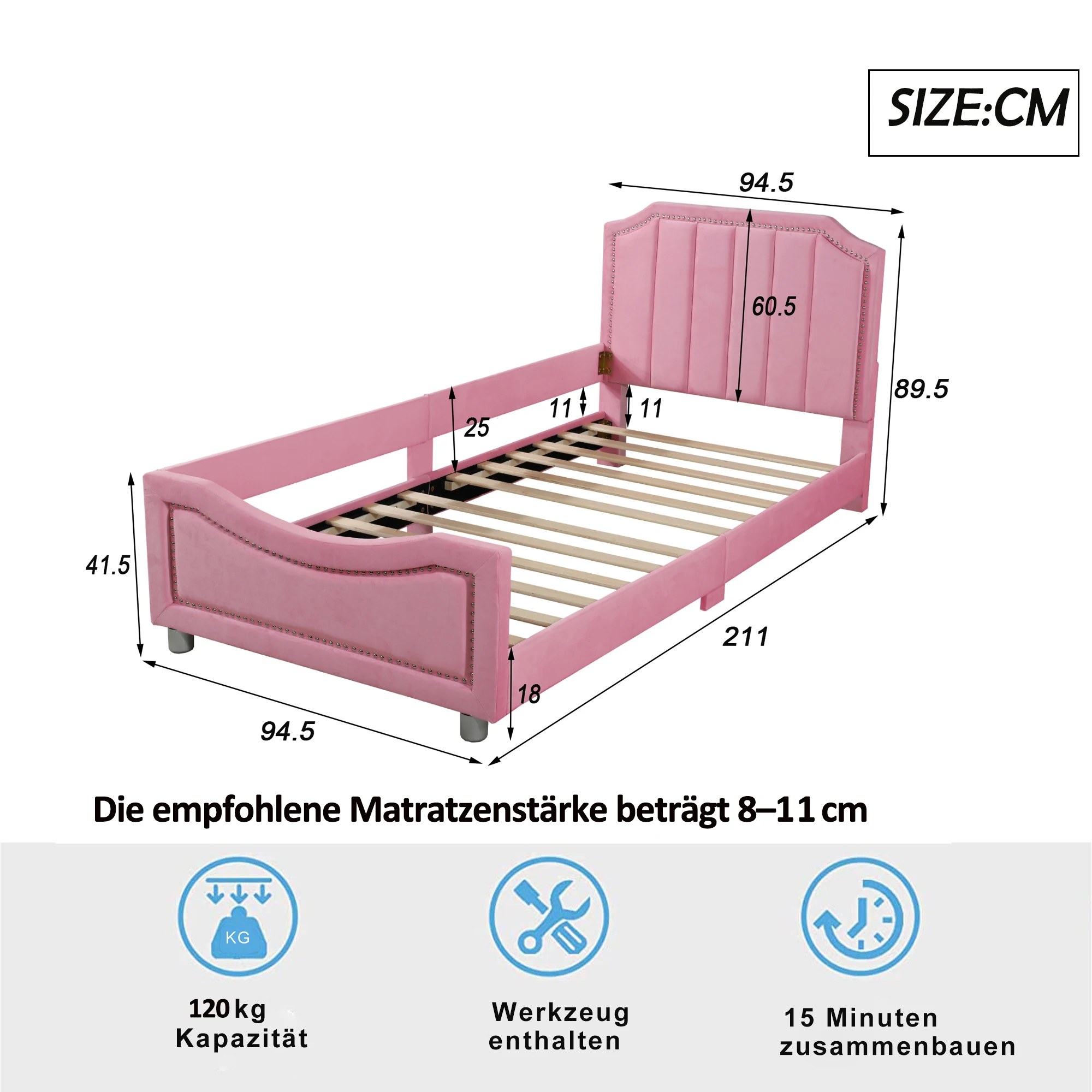 KOMHTOM Kinderpolsterbett Schlafsofa Bettgestell 90x200 cm aus Flanell Multifunktionales Weichbett mit Rückenlehne und Armlehne – Detail 12