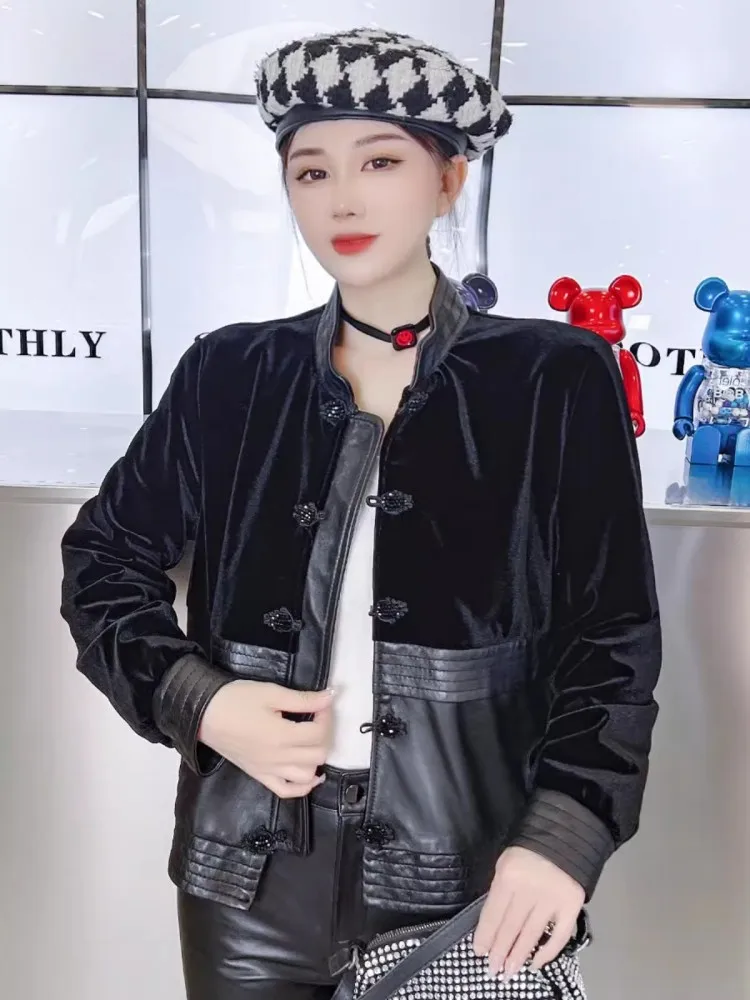New Spring Ladies Sheepskin Short Coat Retro Design Stand Collar Patchwork Women Velvet Genuine Leather Jacket Casual Outerwear