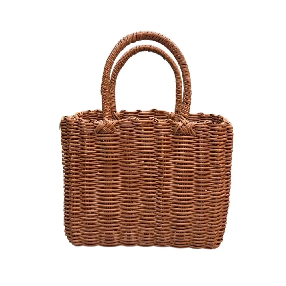 New Imitation Rattan Storage Basket Square with Handle Hanging Baskets Plastic Hand-woven Woven Handbag Flower