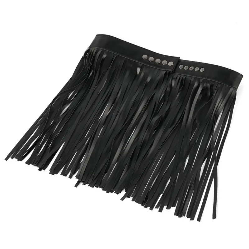 Womens High Waist Faux Leather Fringe Tassels Skirt for Body Harness with Buttons Halloween Party Punk Rock Costume 10CF