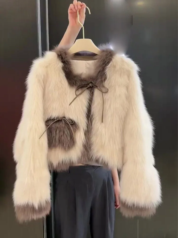 

Women's Clothing Contrast Color High Quality Faux Fur Coat Winter New 24
