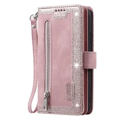 Luxurious Leather Zipper Wallet with Multi Card Slots and Wrist Strap - Note 20 (Rose Gold)
