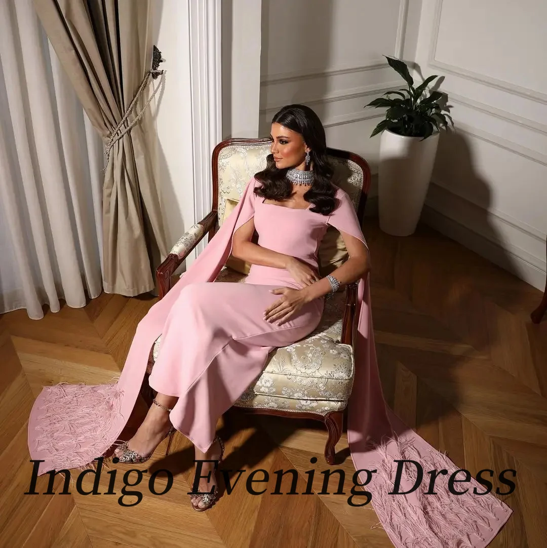 Indigo Prom Dresses Square Neck Long Cape Feathers Women Formal Party Dress 2024 Vestidos Tallas Grandes Mujer Elegantes