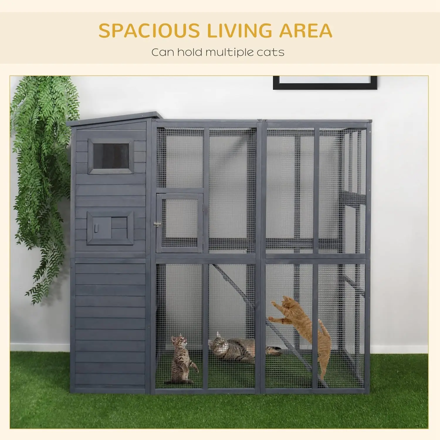 Outdoor Catio Cat House Wooden Feral Cat Shelter Cage with Platforms Waterproof Asphalt Roof Ramps 77" L Gray