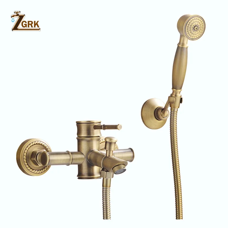ZGRK Shower Faucets Antique Brass Wall Mounted Bamboo Bathroom Faucet Shower with Handheld Bathtub Faucet Water Mixer Crane Tap