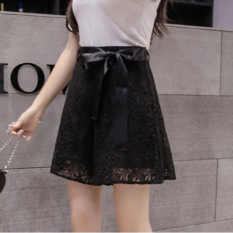 Summer New Korean Fashion Slim Wide Leg Lace Shorts Women's Solid Zipper Bow Drawstring Temperament Casual Loose A-line Pants