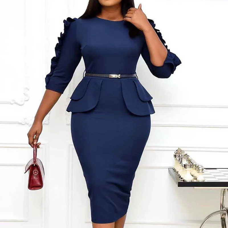 Ruffles Women Solid Color Midi Pencil Skirt Commute Round Neck Back Zipper Design Three Quarter Sleeve Bag Hip Plus Size Dresses